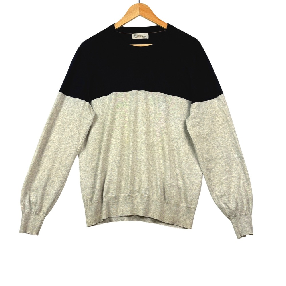 Brunello Cucinelli Men Colorblock Cotton Crewneck Sweater Sz 50 US M/L Navy Grey